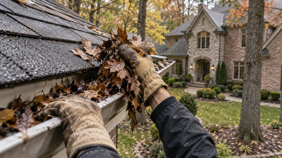 Professional gutter cleaning in progress